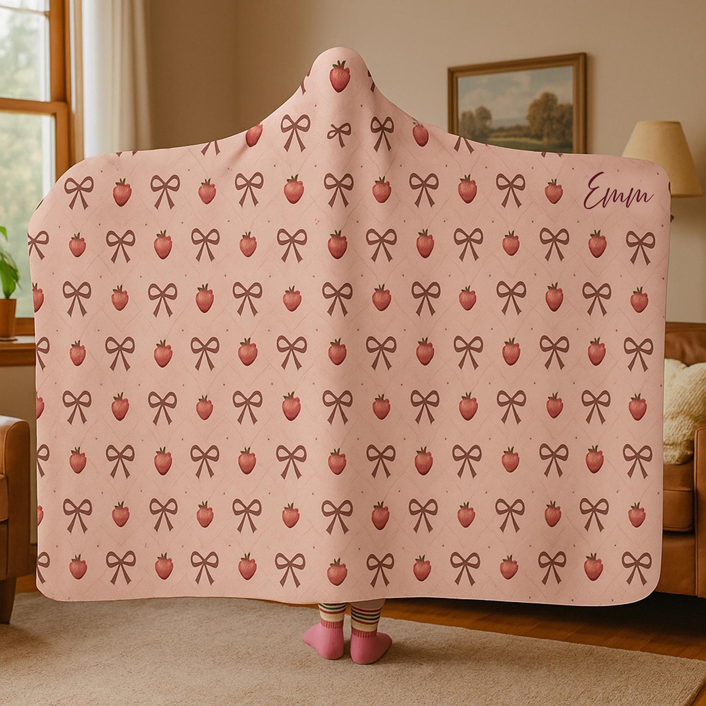 Strawberry Sherpa Hooded Blanket – Personalized Wearable Throw, Christmas Gift
