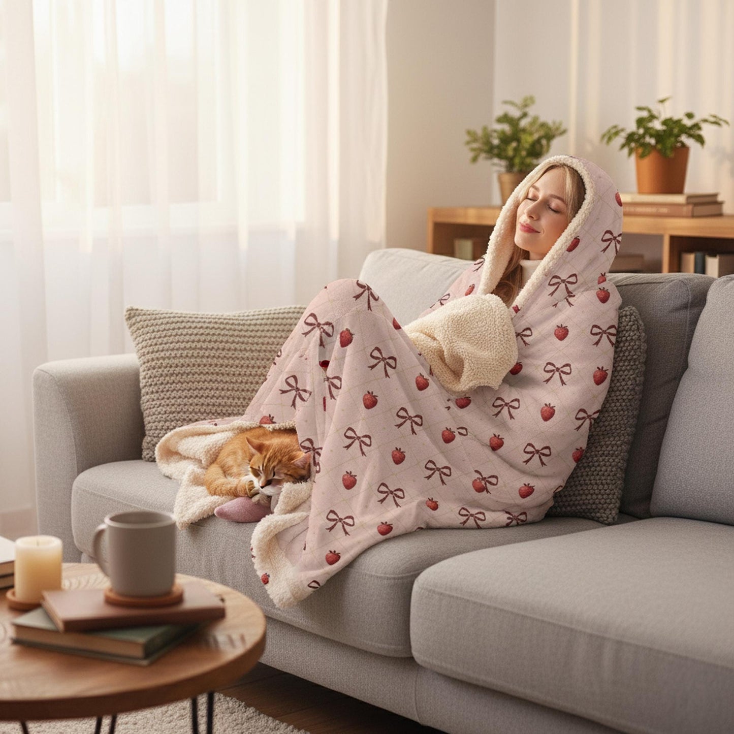 Strawberry Sherpa Hooded Blanket – Personalized Wearable Throw, Christmas Gift