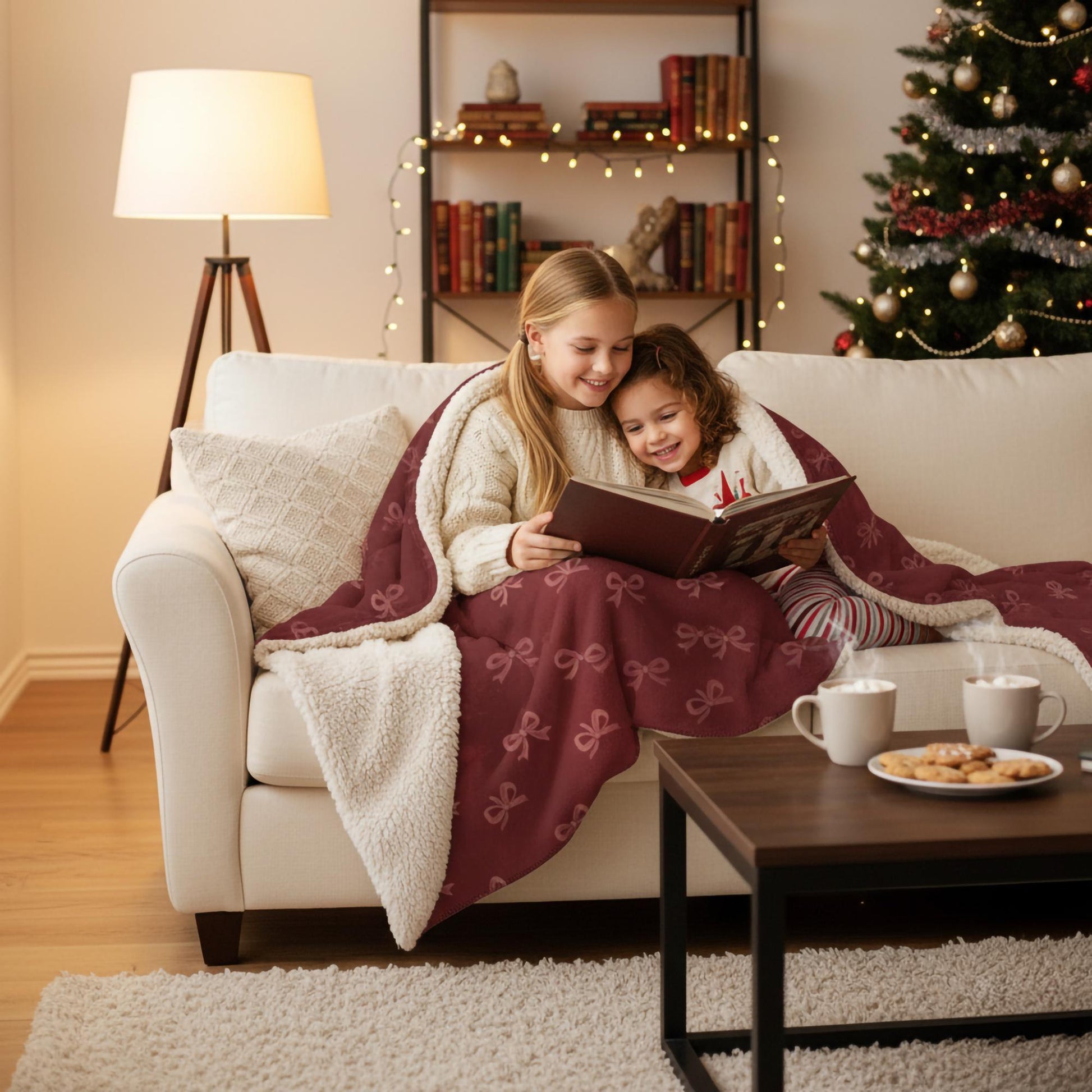 Children reading together wrapped in red velvet bow blanket, soft sherpa fleece, cozy home décor for winter and Christmas season