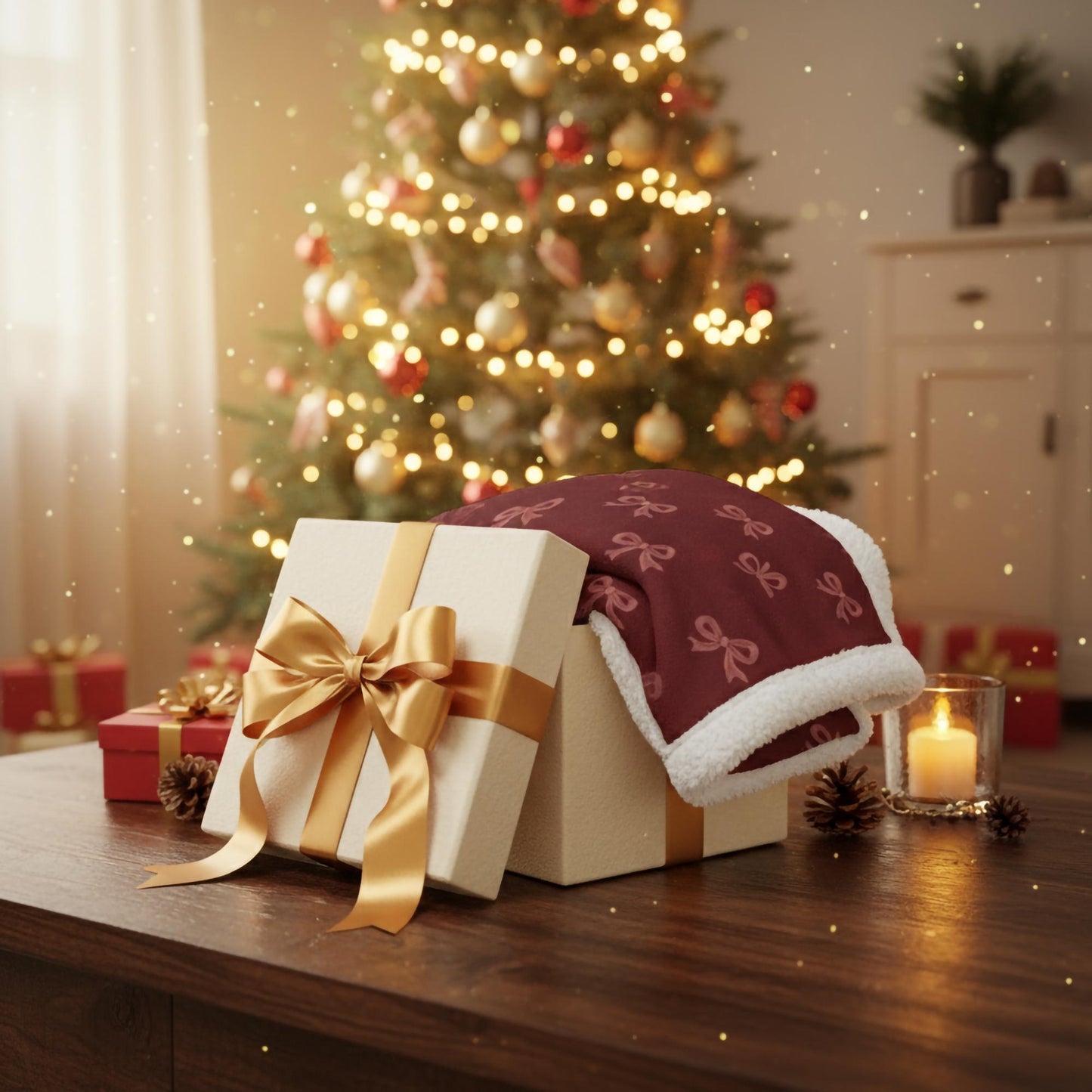 Red velvet hooded sherpa blanket wrapped in gift box under Christmas tree, perfect cozy holiday gift for her