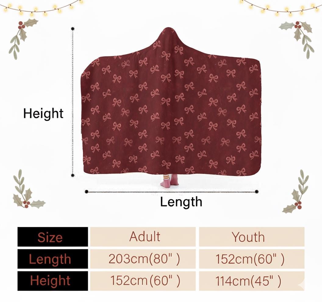Hooded blanket size chart showing adult and youth dimensions, red velvet bow pattern illustration
