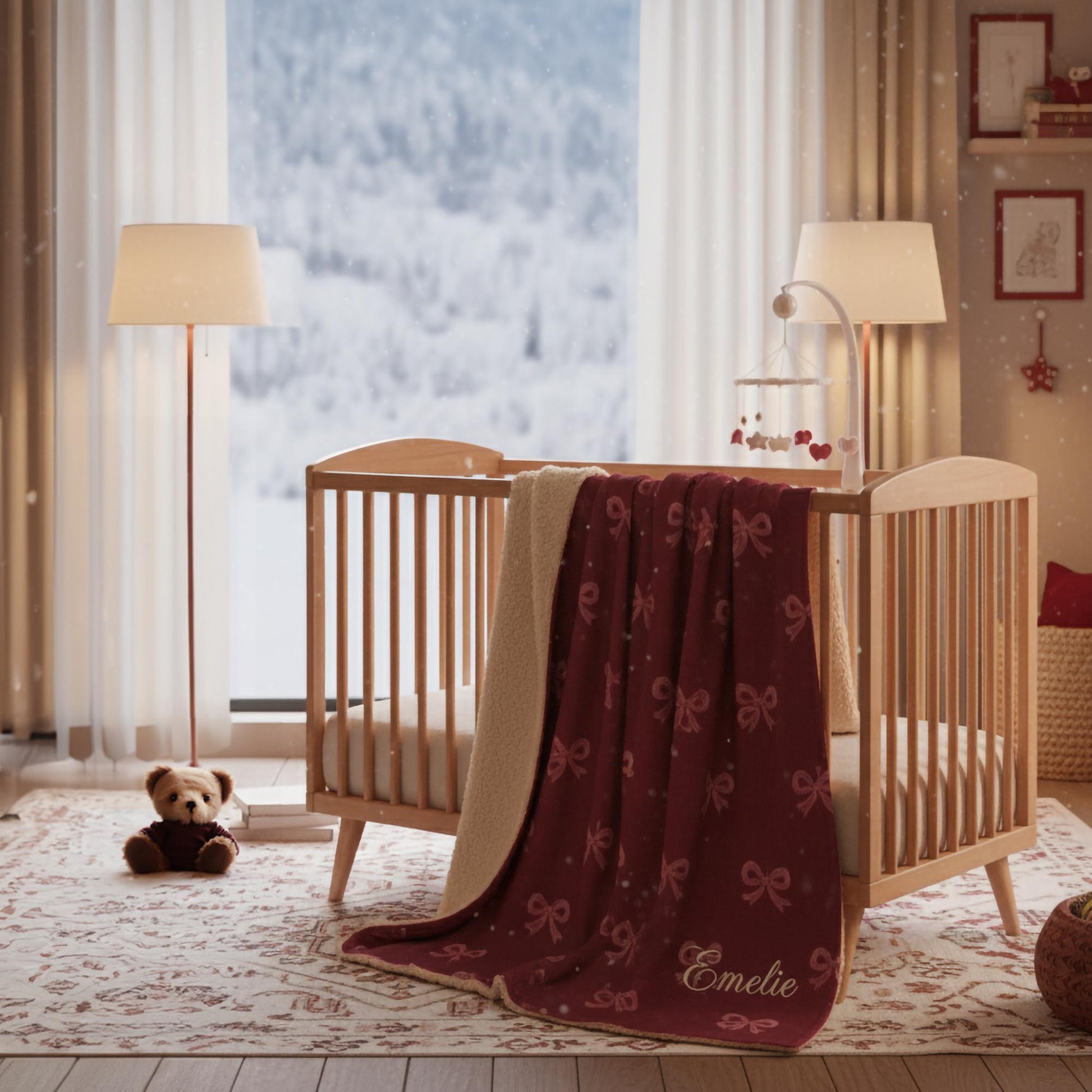 Personalized red velvet bow blanket draped on crib, soft sherpa fleece nursery décor, thoughtful winter baby gift