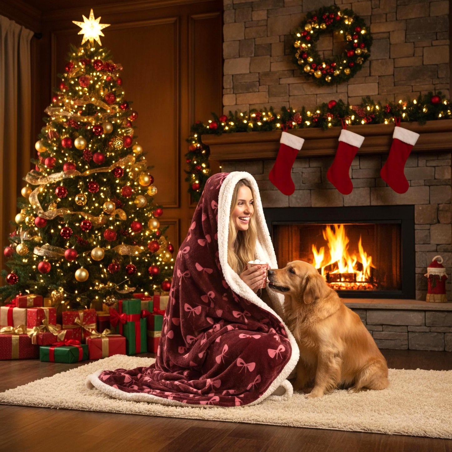 Woman wrapped in red velvet hooded blanket with sherpa fleece beside Christmas tree and golden retriever, cozy holiday living room scene, luxury gift for her