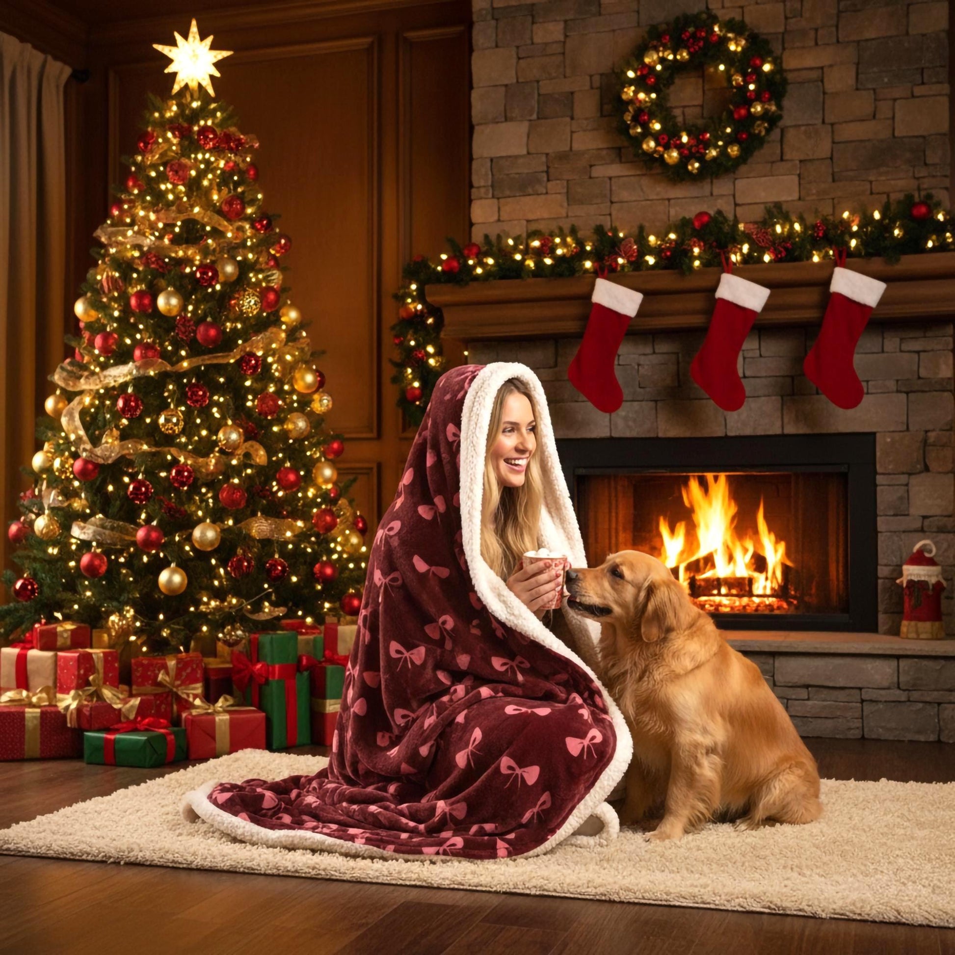 Woman wrapped in red velvet hooded blanket with sherpa fleece beside Christmas tree and golden retriever, cozy holiday living room scene, luxury gift for her