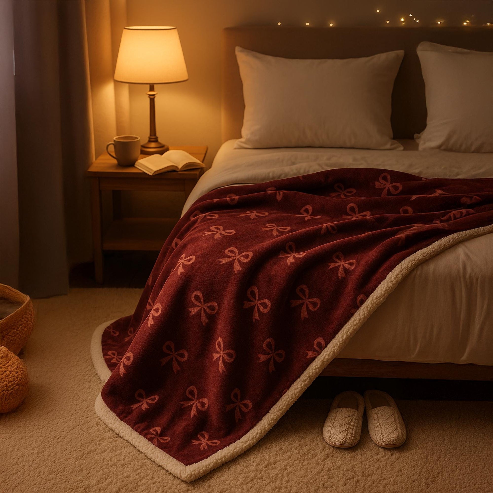 Red velvet sherpa hooded blanket on bed with warm lighting, cozy bedroom Christmas décor, luxury velvet throw