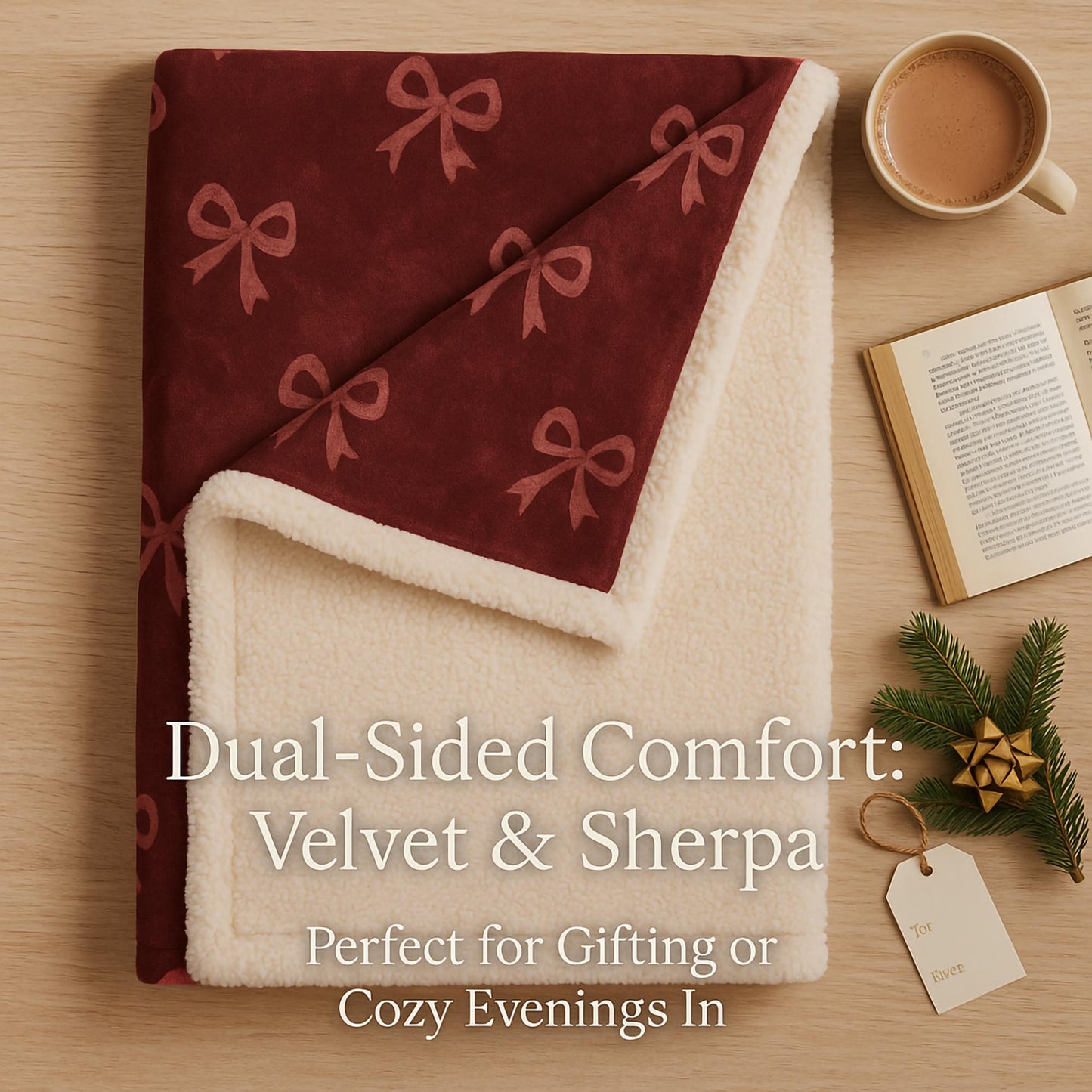 Dual-sided red velvet and sherpa blanket, luxury bow print throw, perfect Christmas gift, premium cozy fabric detail