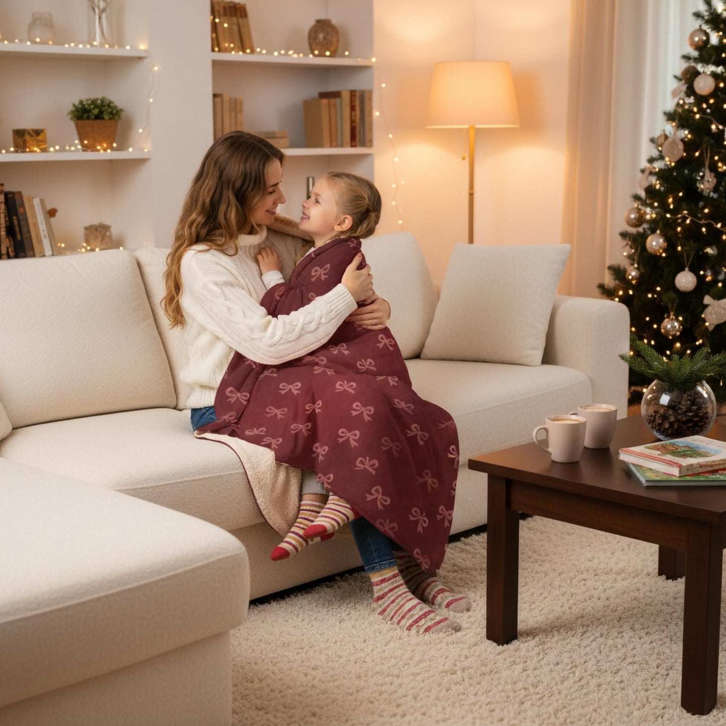 Sisters cuddling under red velvet hooded sherpa blanket with bow print, family Christmas living room, warm and loving holiday moment